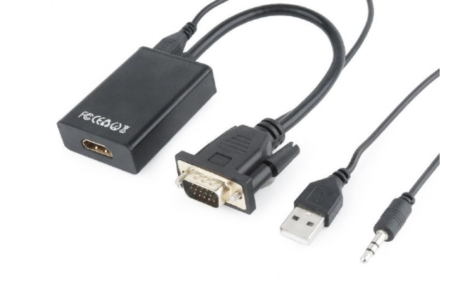 Cablu video GEMBIRD, adaptor VGA (T) + Jack 3.5mm (T) la HDMI (M), 15cm