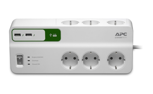 Prelungitor APC cu protectie 6 prize Schuko cablu ≤2.0m 2 porturi USB alb
