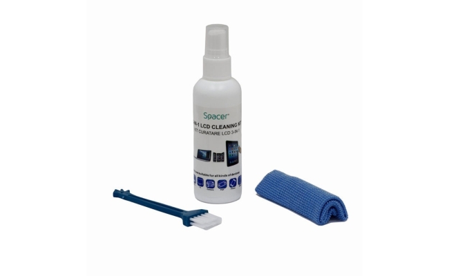 Kit curatare LCD 3-in-1 Spacer, solutie curatare 100ml, pensula, servetel...