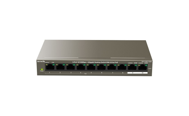 Switch TENDA TEF1110P-8-102W, 2 porturi Gigabit, 8 porturi PoE, argintiu