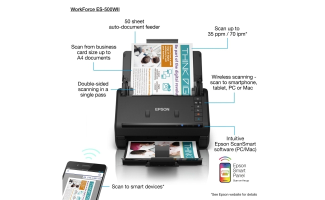 Scanner Portabil Epson WorkForce ES-500WII, Duplex, Wireless, A4 54612